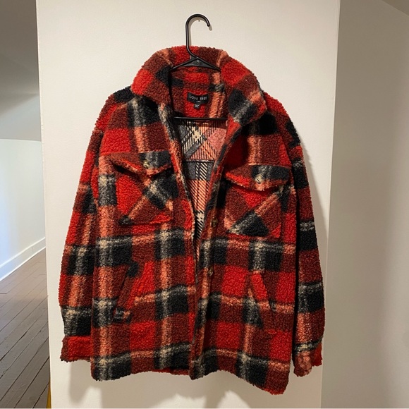 Love Tree Shacket Red Plaid Sherpa Style Flannel Shirt Jacket, Size S - Picture 3 of 6